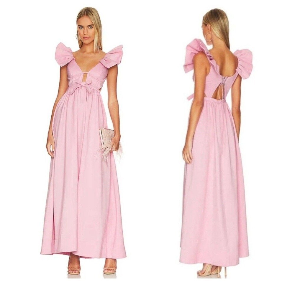 For Love & Lemons Miriam Ruffle Sleeve Bow Detail Pink Maxi Dress Size Medium